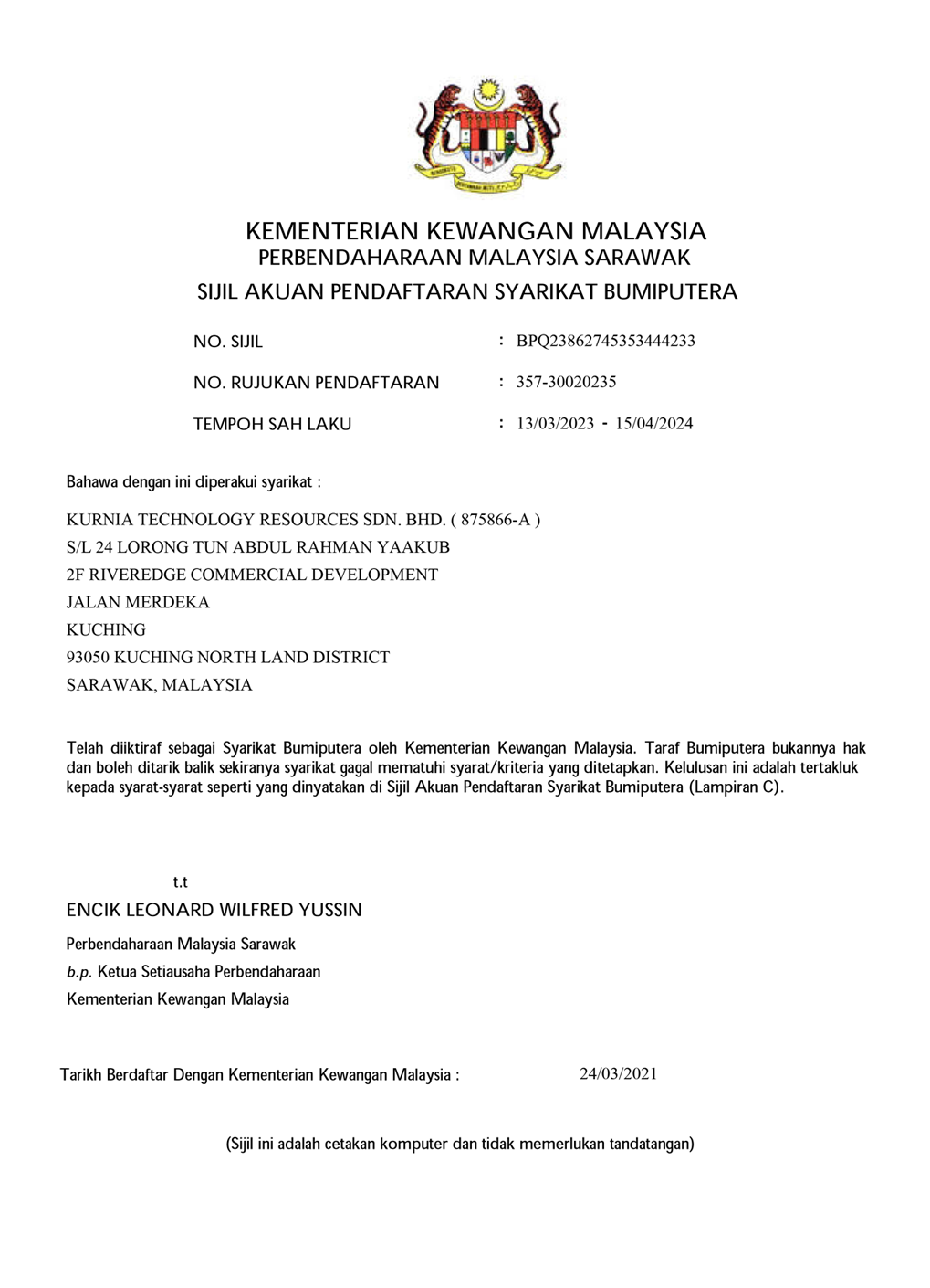 Kementerian Kewangan Malaysia Bumiputra